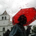 Red - woman with red umbrella goes by car in traffic during rain.